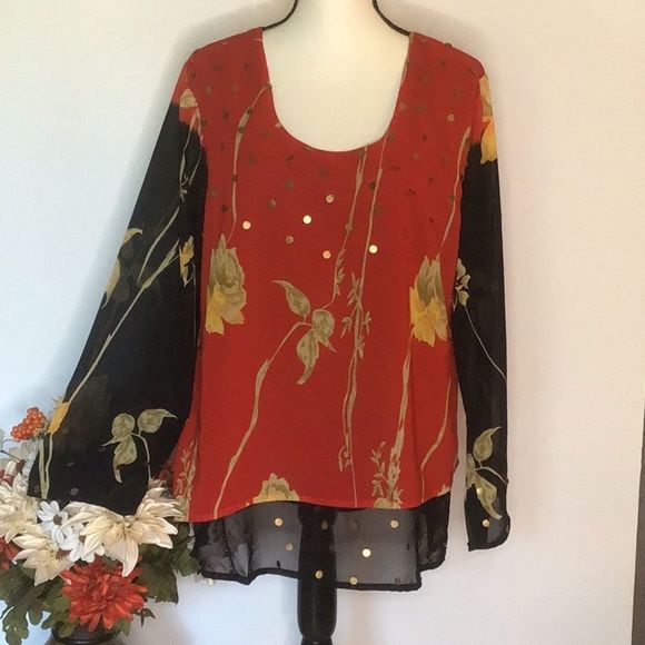 AS HRO Tunic Sheer Long Sleeve Flowing Floral Tunic - Picture 1 of 8